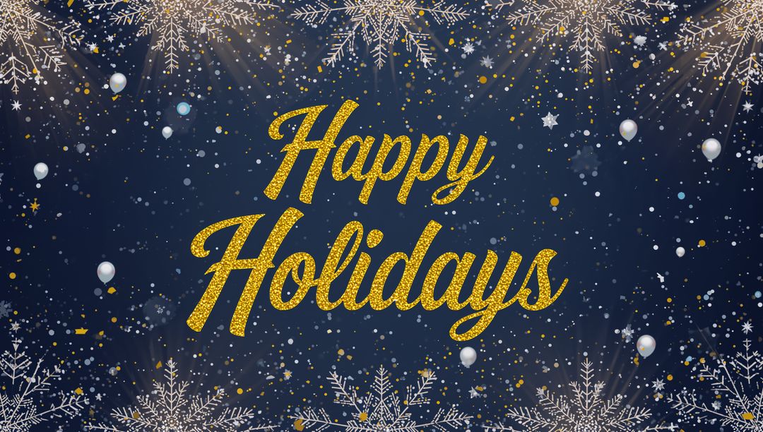 Happy Holidays Gold Glitter Script on Navy Background with Snowflakes and Confetti