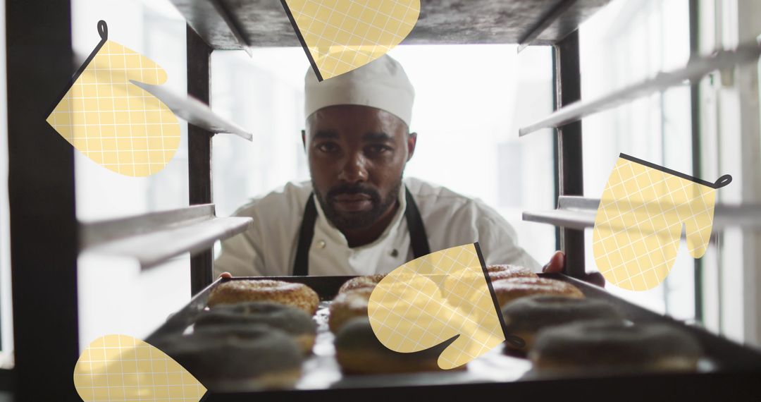 Baker Preparing Fresh Donuts with Digital Glove Icons