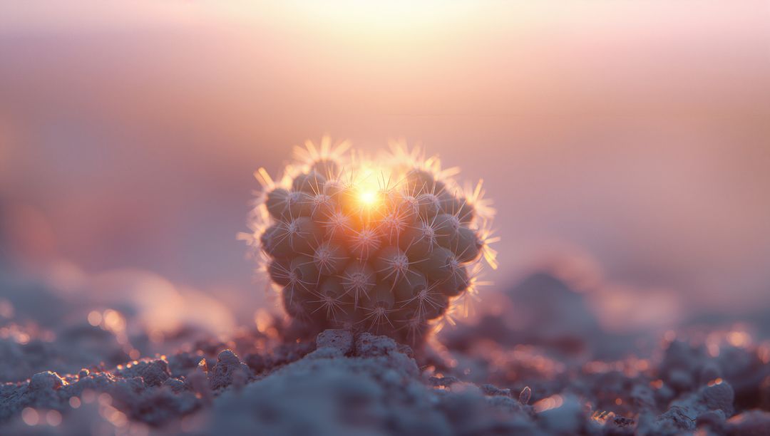 Backlit Spherical Cactus with Glowing Halo on Rocky Terrain