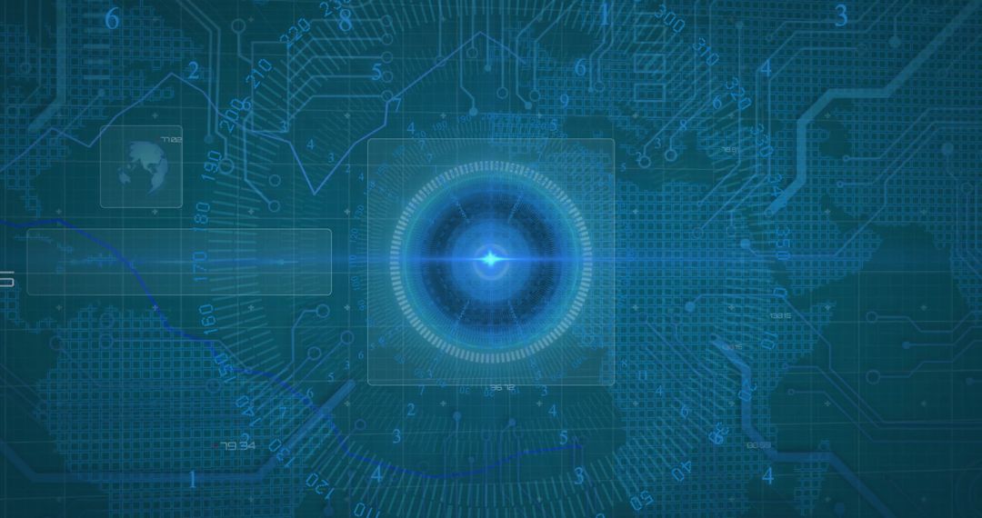 Futuristic Digital Interface with Circuit Boards and Global Data