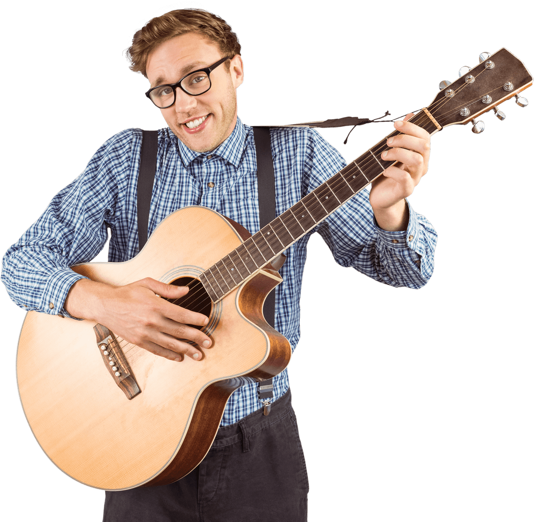 Geeky Hipster Playing Guitar Isolated Transparent Background