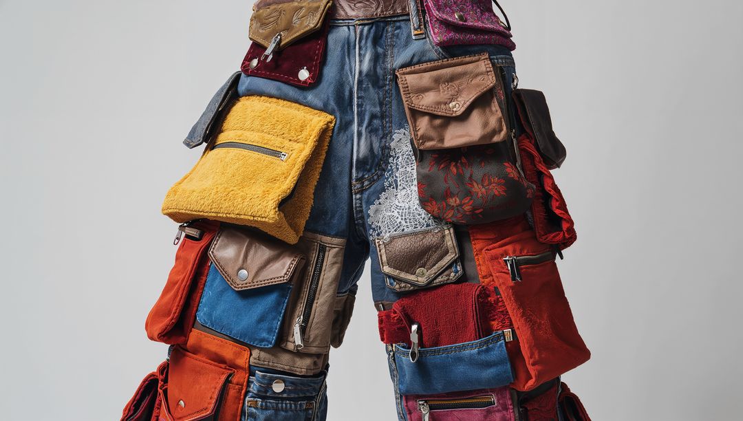 Patchwork Multi-Pocket Denim Utility Pants with Colorful Pouches and Textured Hardware