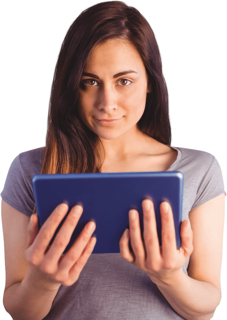 Confident Woman Using Tablet on Isolated Transparent Background