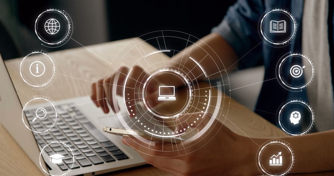 Digital Education Concept with Virtual Icons Over Laptop