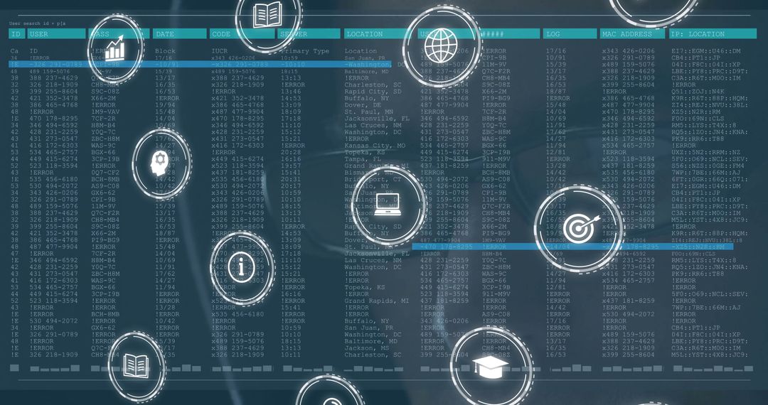 Futuristic Dashboard with Data Grid and Icons Overlay