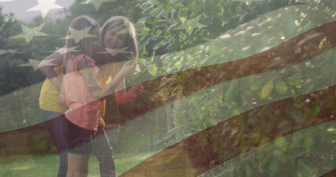 Friends Hugging in Garden with American Flag Overlay