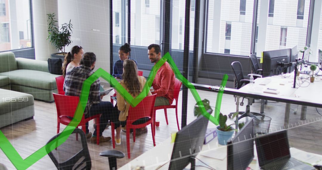 Diverse Team Brainstorming in Modern Office with Data Overlay