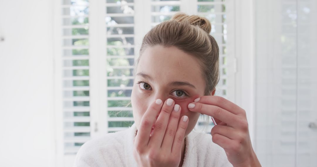 Woman Applying Under Eye Patch in Bright Bathroom - Free Images, Stock Photos and Pictures on Pikwizard.com