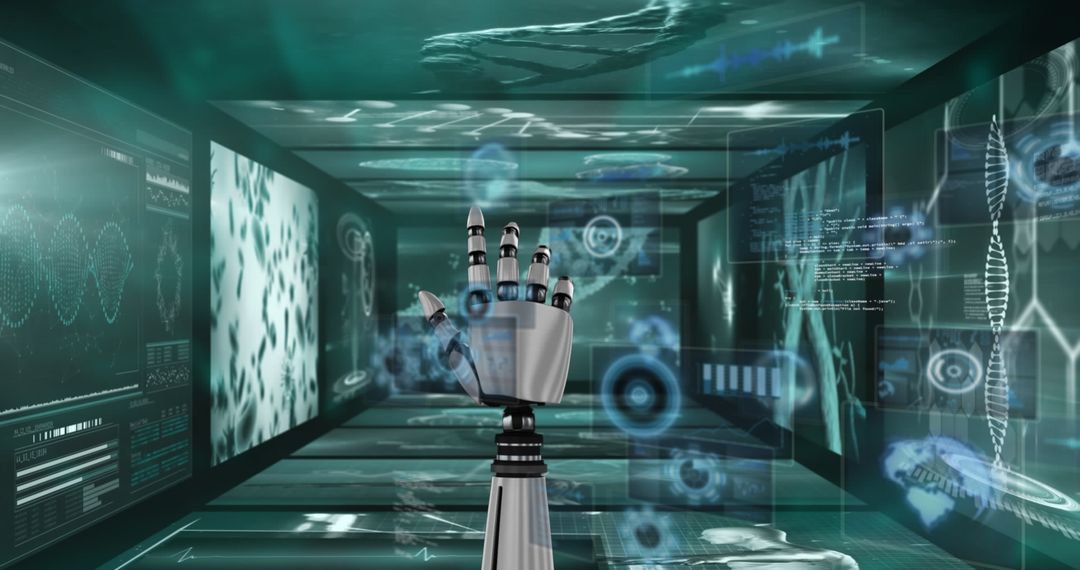 Futuristic Robotic Arm Analyzing Digital Data Interface