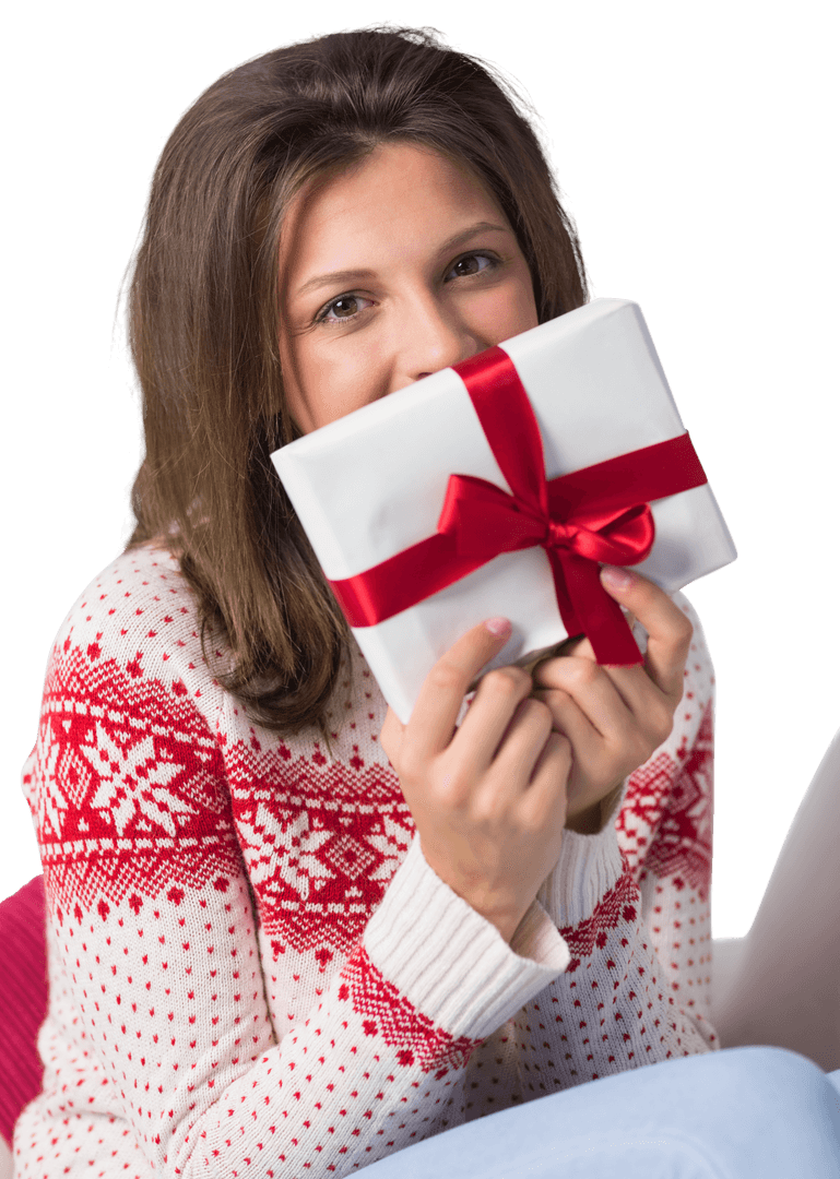Smiling Woman Holding Transparent Festive Gift with Red Ribbon