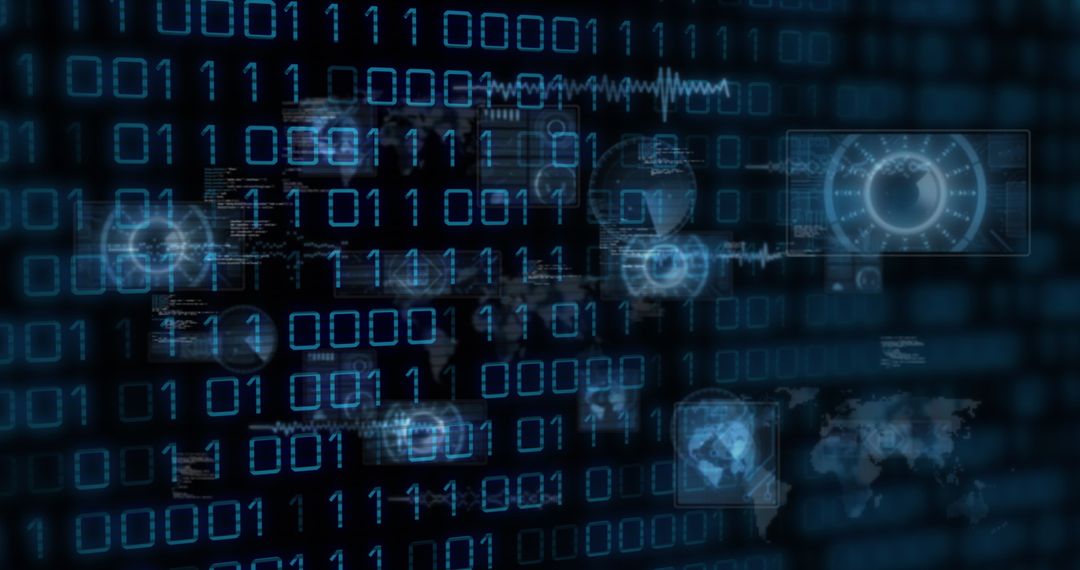 Futuristic digital binary code with holographic overlays