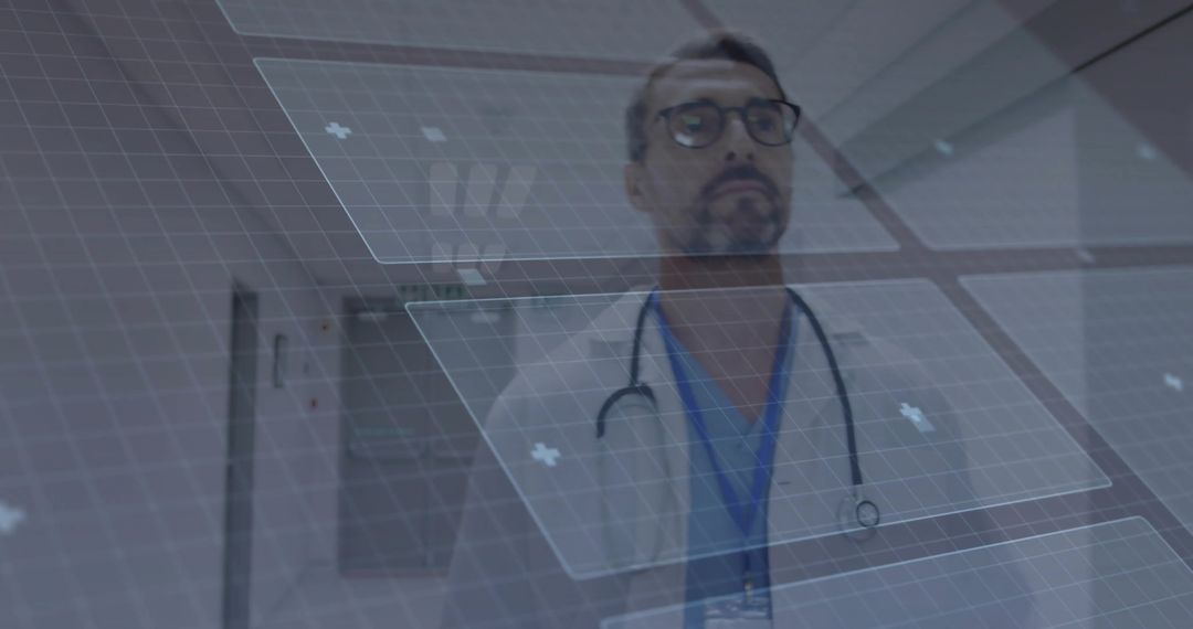 Futuristic Holographic Panel Analysis in Hospital Corridor