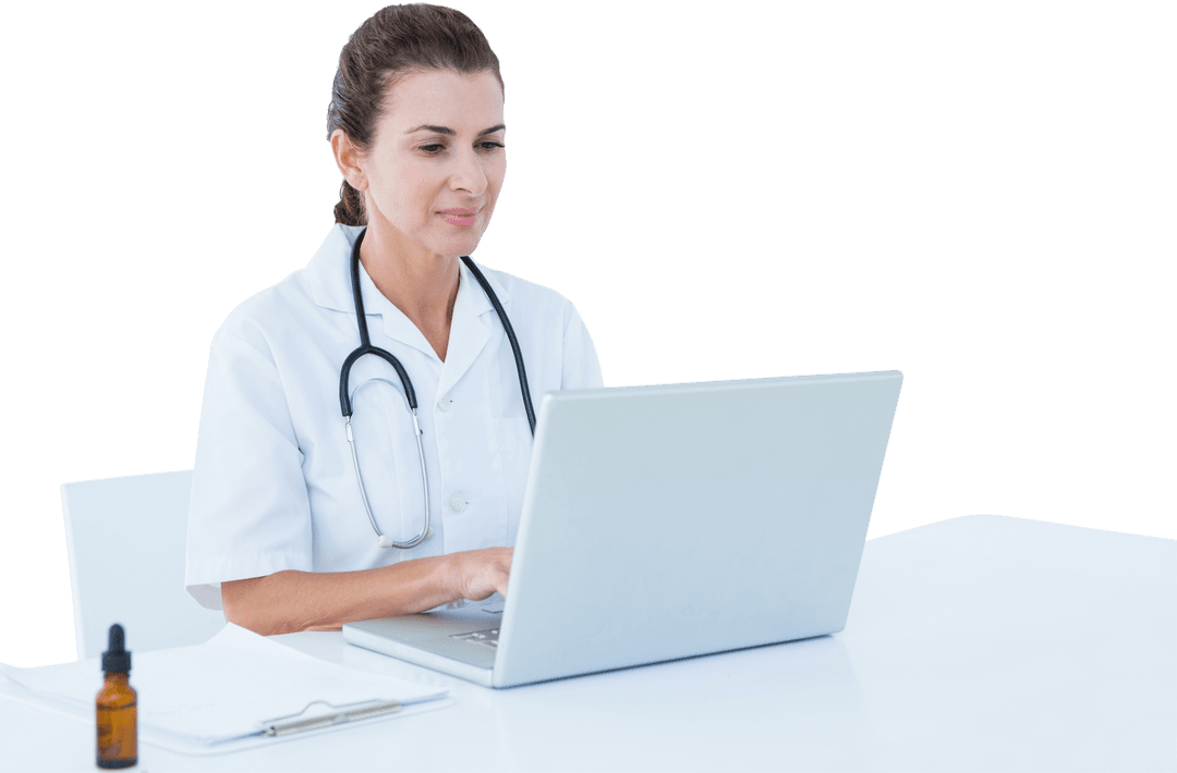 Transparent Background: Female Doctor Using Laptop