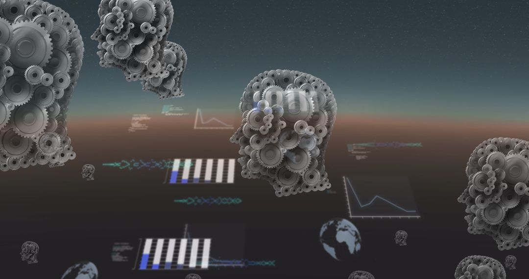 Futuristic Heads with Gears and Data Visualizations