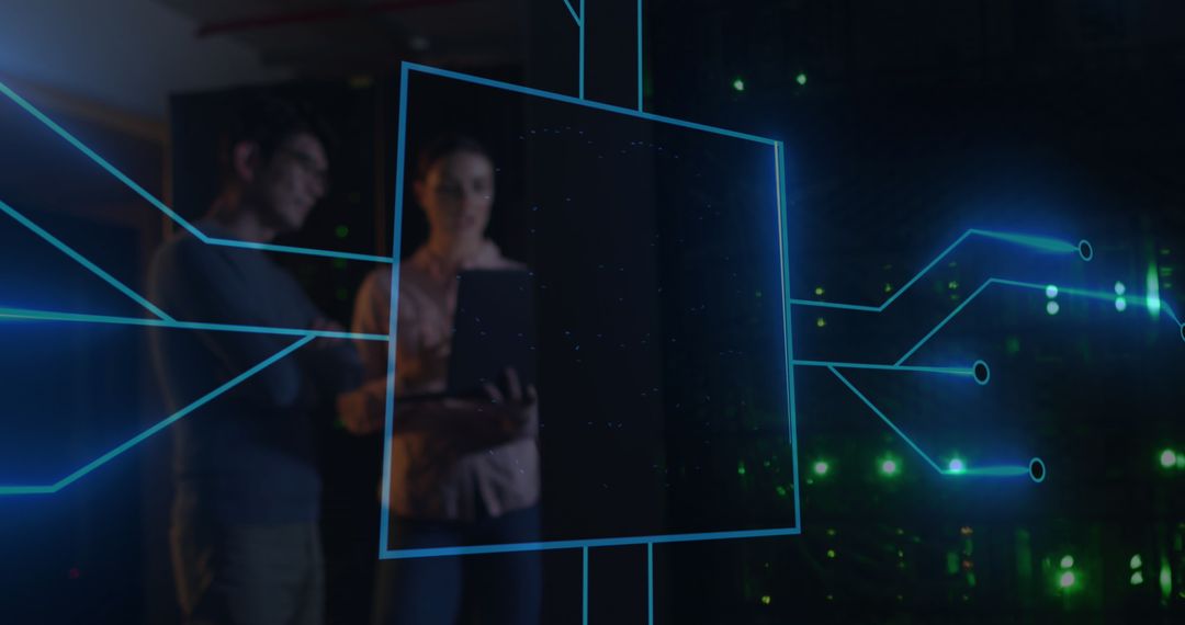 Technicians Collaborating with Digital Interface in Server Room