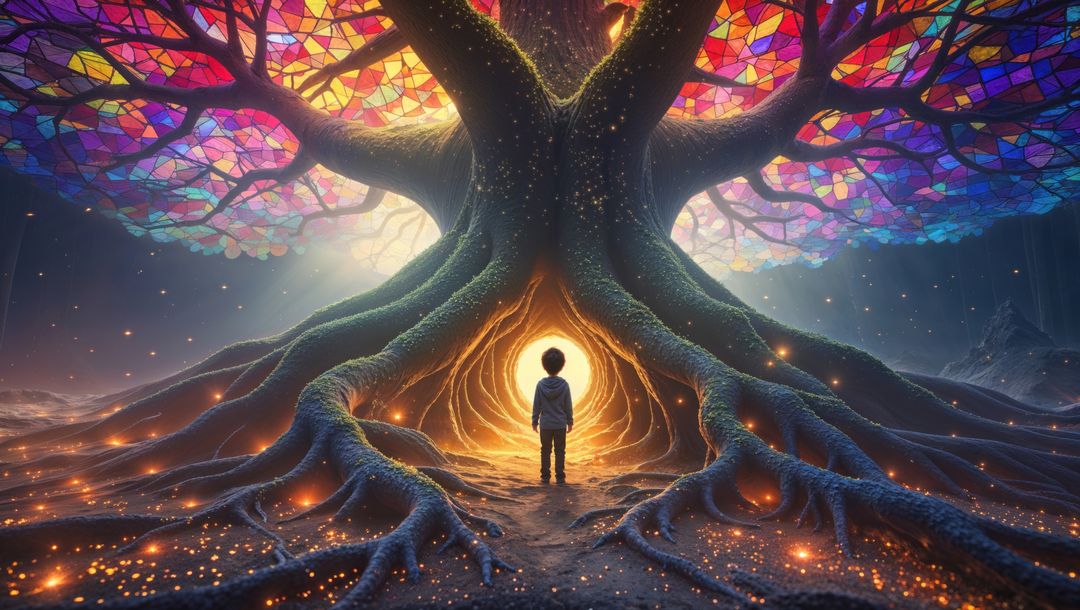 Child gazing into glowing dreaming tree portal dreamscape