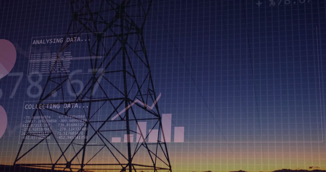 Digital Data Visualization Over Power Infrastructure During Sunset