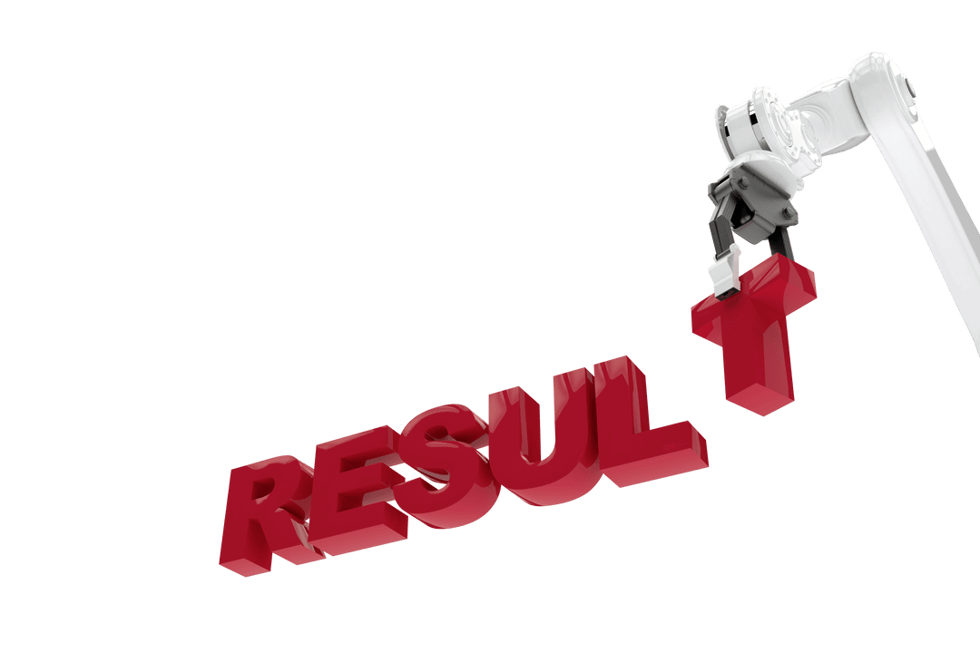 Robotic Arm Grasping 'RESULT' Text on Transparent Background