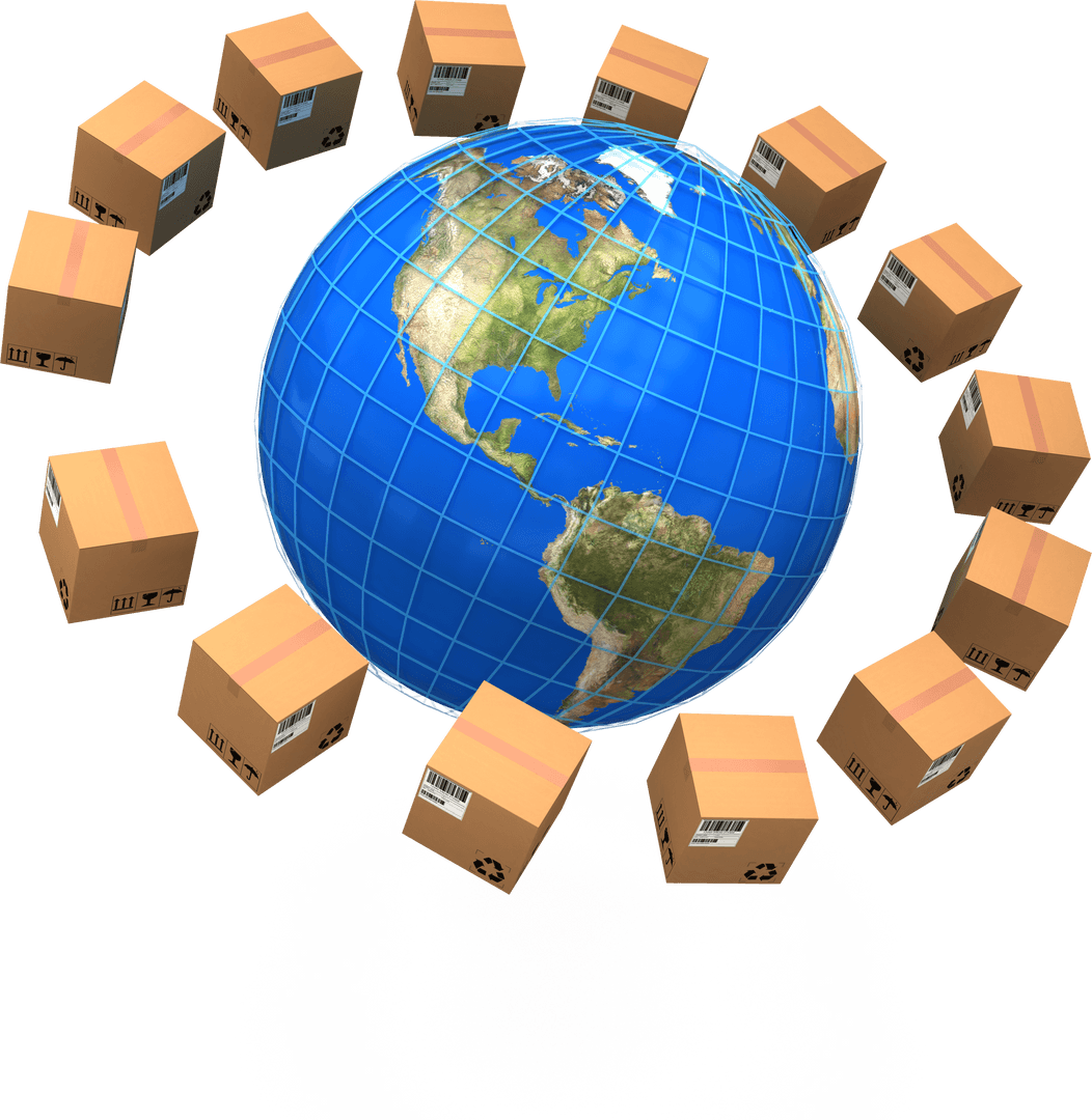Global Logistics Concept with Transparent World Globe and Cardboard Boxes