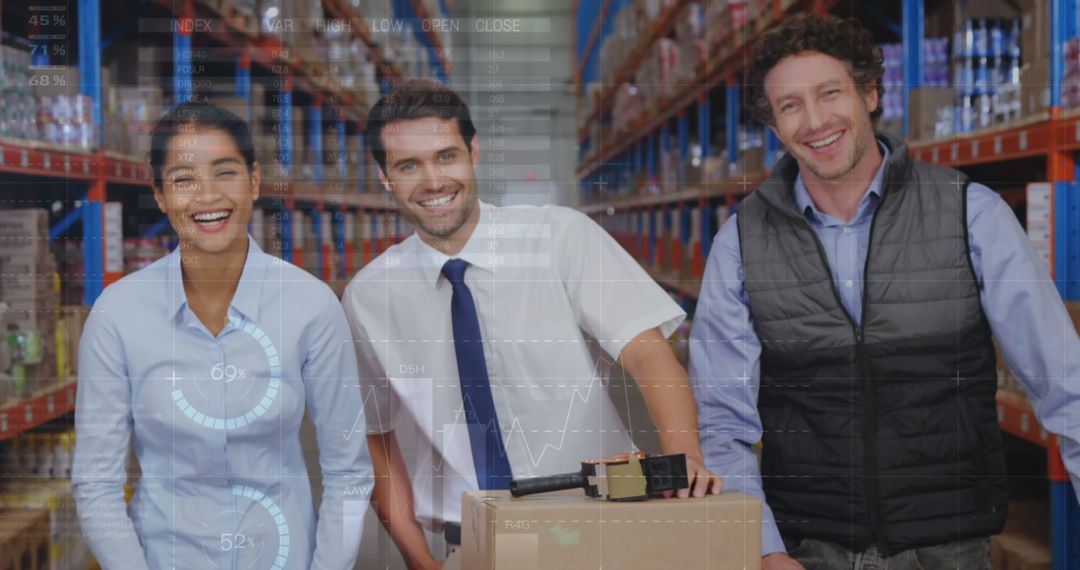 Warehouse Team with Futuristic Data Overlay Visual