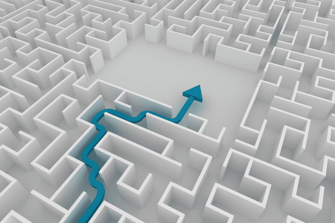 Blue Arrow Navigating Transparent 3D Maze with Success Concept