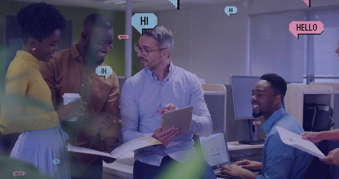 Diverse Team Collaborating with Digital Communication Icons