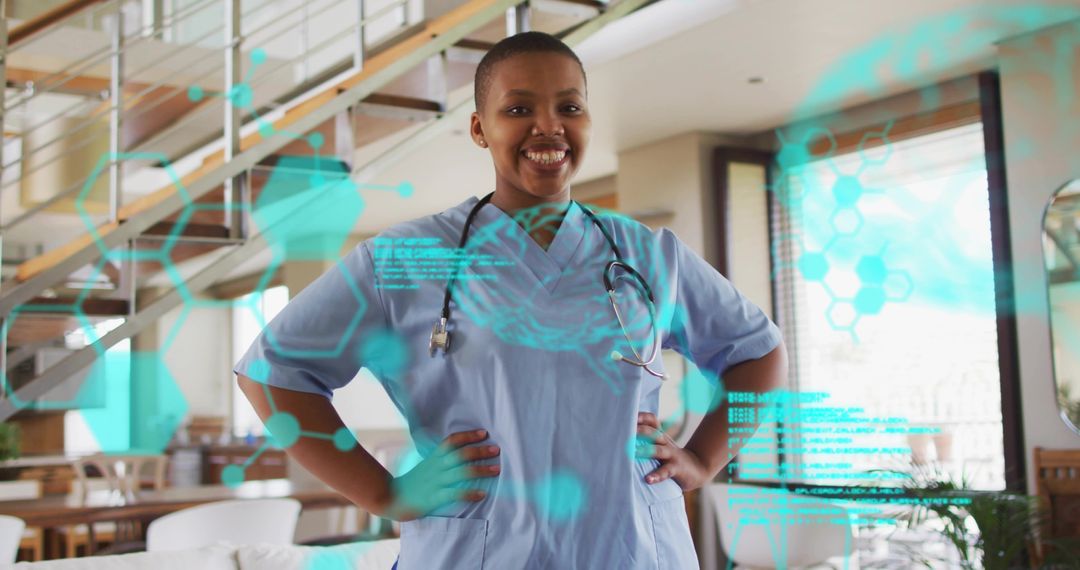 Smiling nurse in modern home wearing scrubs with stethoscope and holographic medical elements