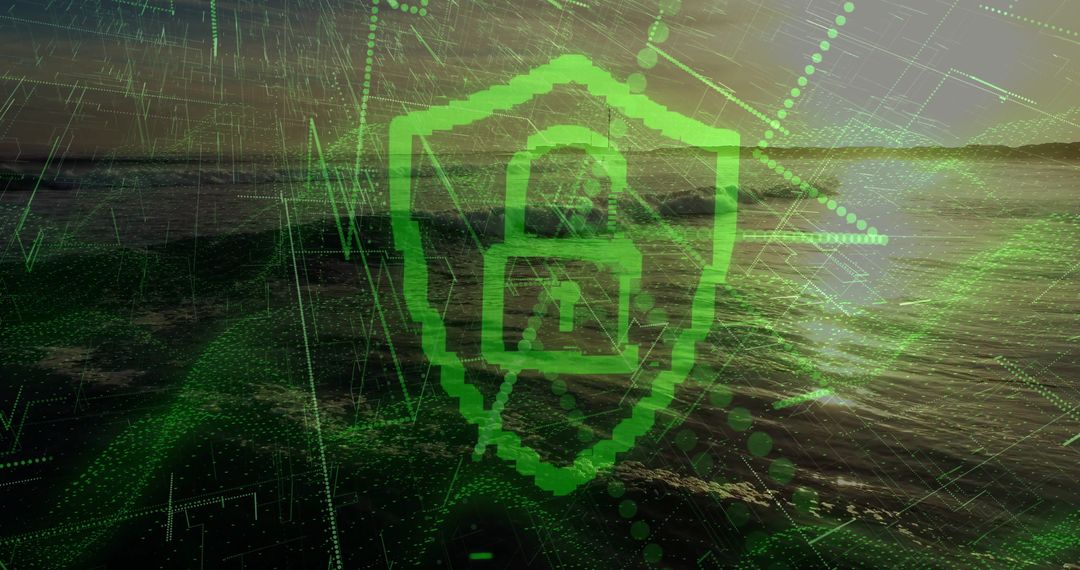 Cybersecurity Shield Icon with Digital Overlay at Dusk
