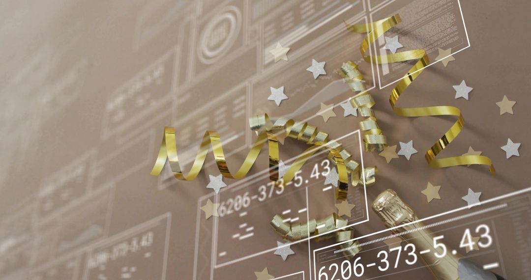 Champagne celebration with gold ribbon curls and star confetti, beige tabletop UI overlays