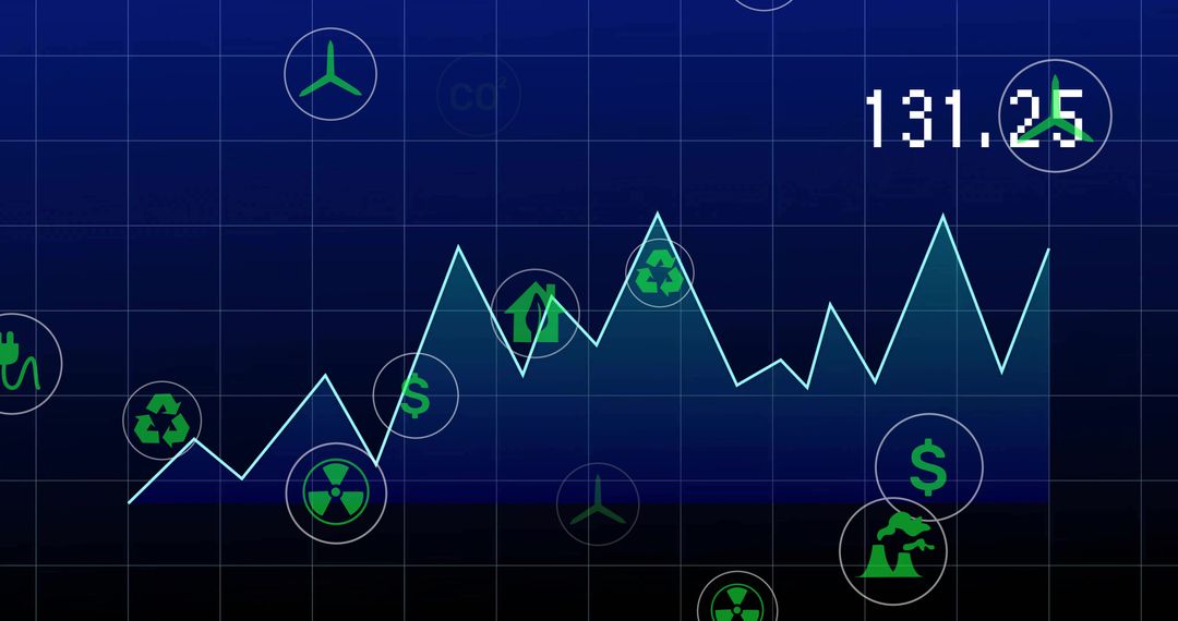 Dynamic Cyan Data Trend Line with Green Eco Icons on Navy Background