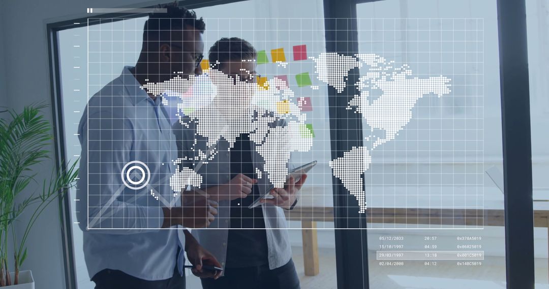 Business Analysts Collaborating on Digital World Map Strategy