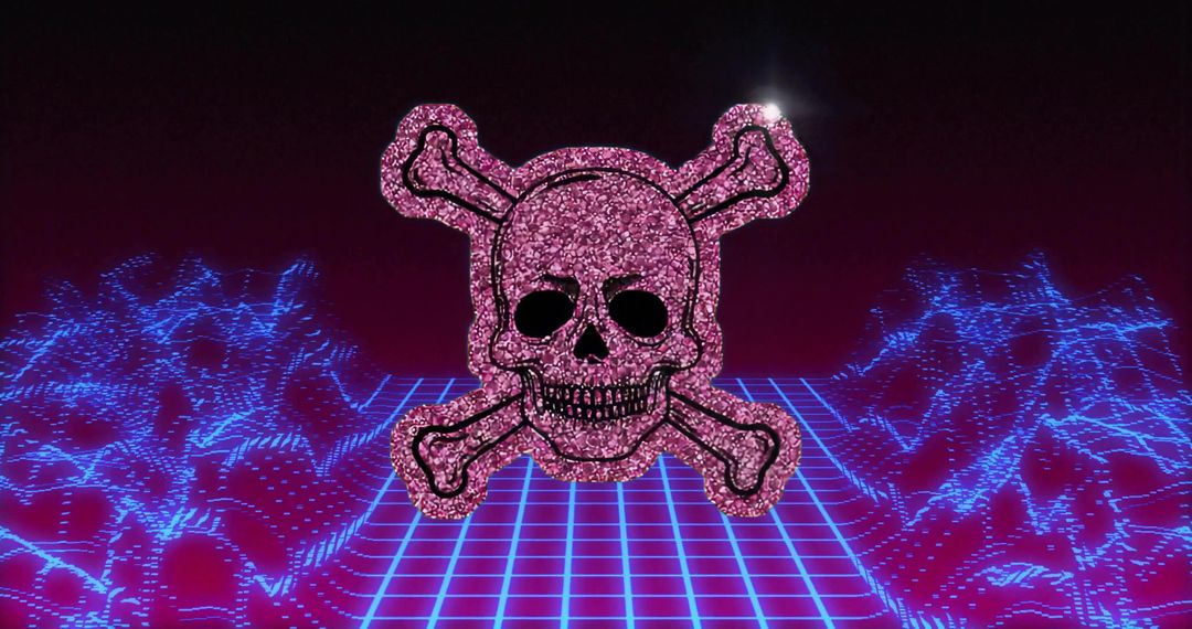 Glittering Pink Skull and Crossbones in Neon Digital Landscape