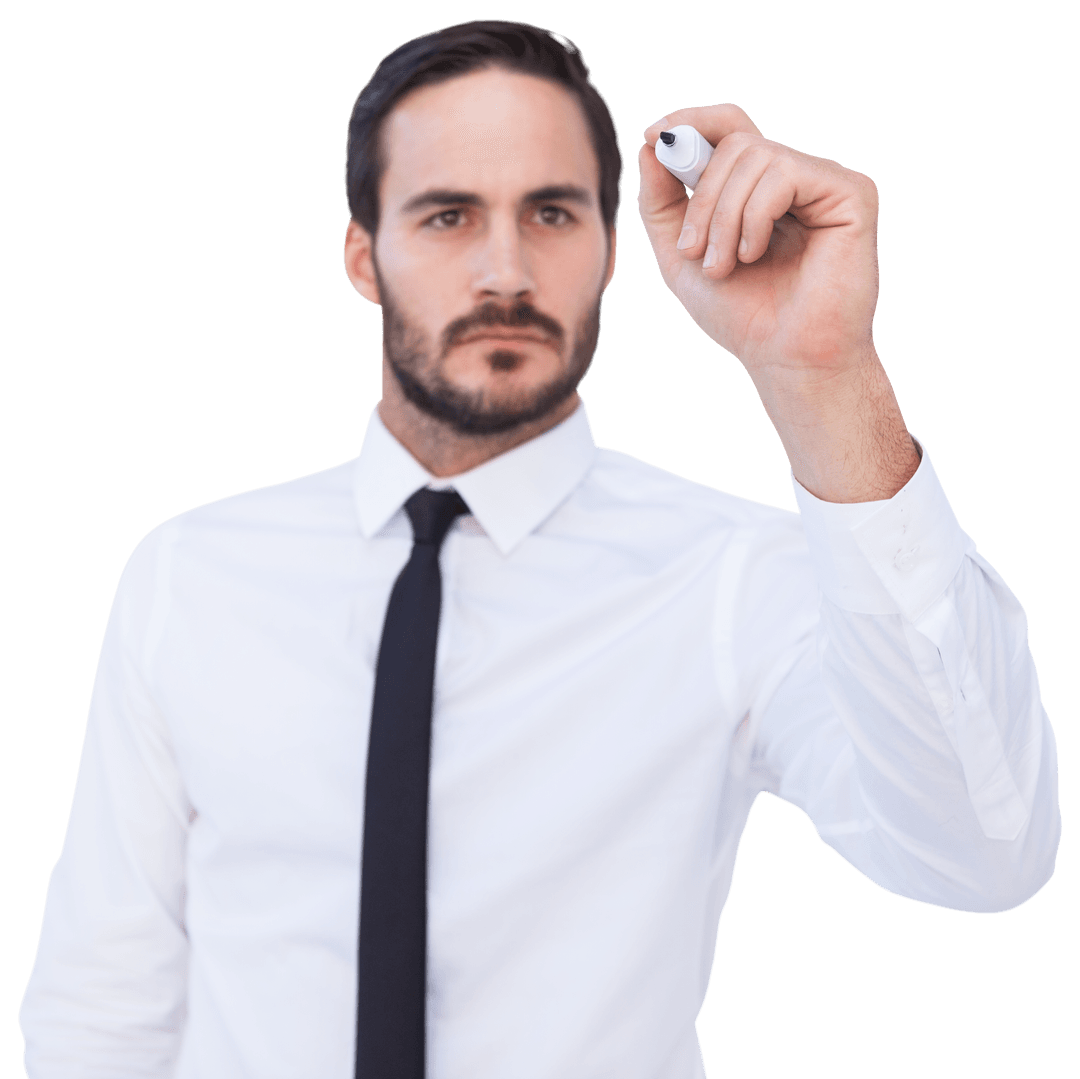 Professional Man Using Marker Pen on Transparent Board