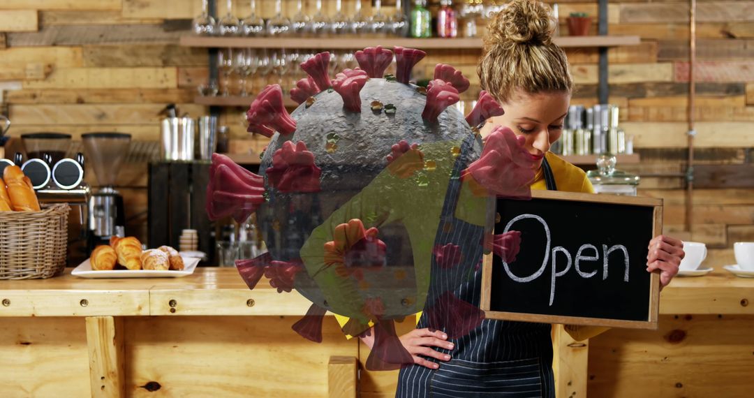 Cafe Reopening During Pandemic with Worker Holding Open Sign