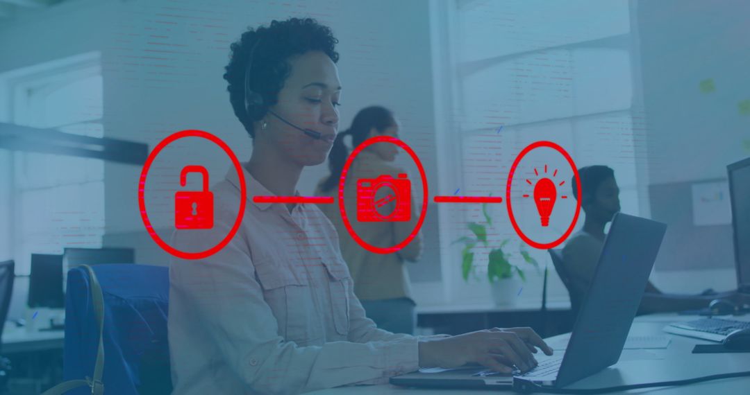 Businesswoman Multitasking with Digital Interface and Network Graphics