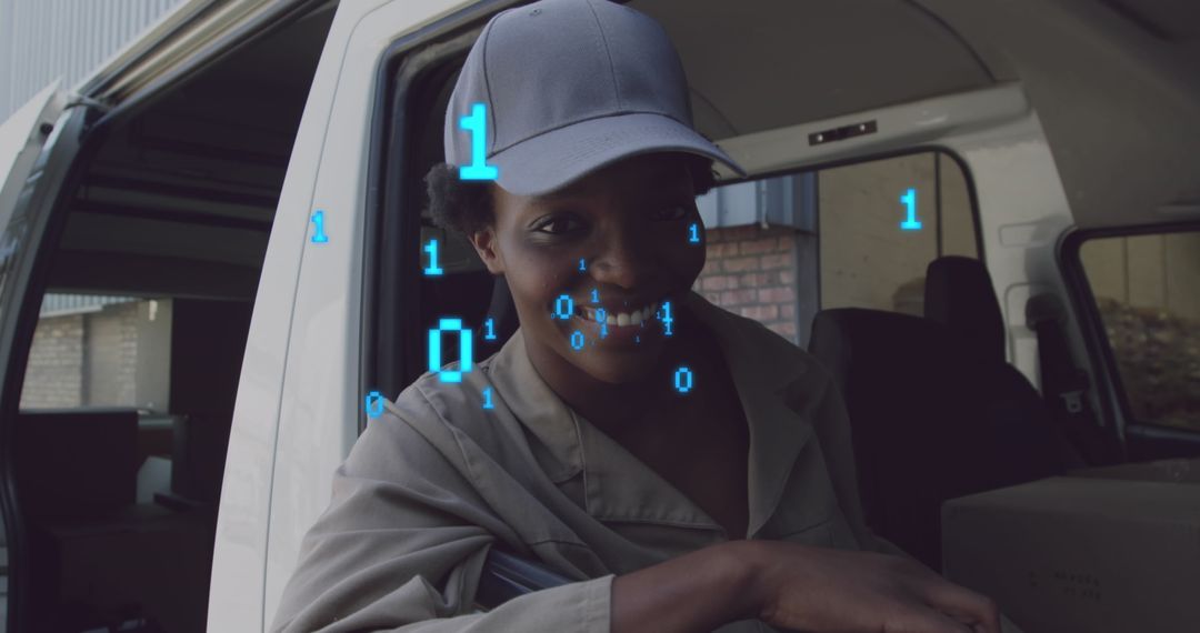 Smiling Woman in Logistics Van with Binary Overlay Technology Concept