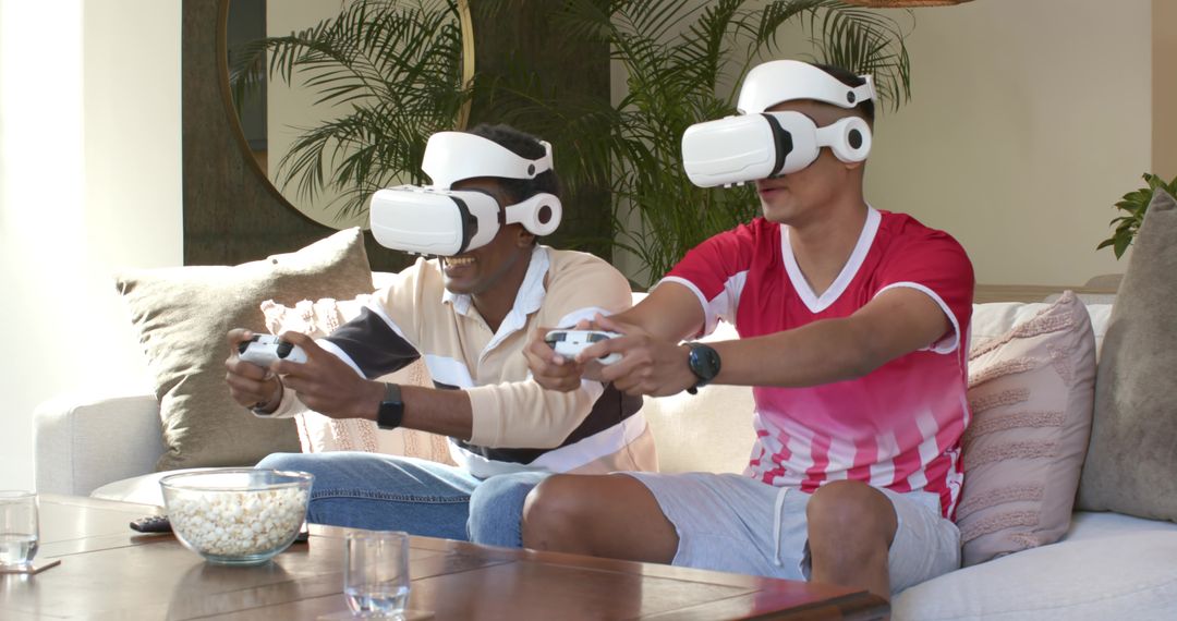 Men Immersed in VR Gaming with Headsets and Controllers in Cozy Setting