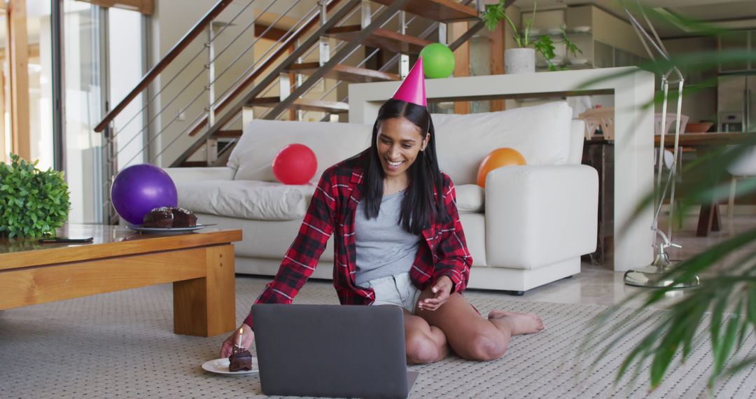 Woman Celebrating Virtual Birthday at Home with Laptop - Free Images, Stock Photos and Pictures on Pikwizard.com