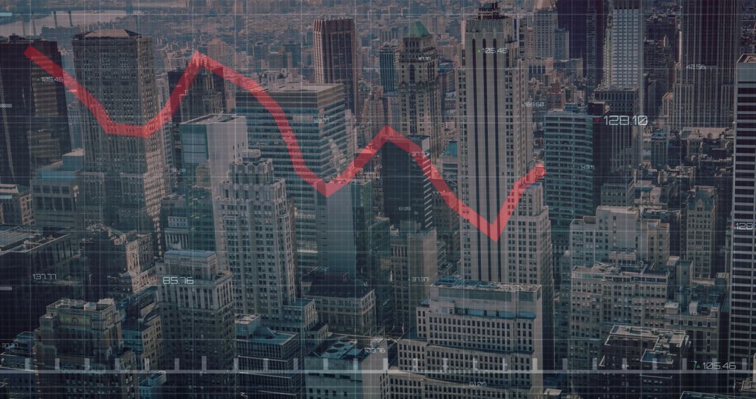 Digital Financial Data Overlay Cityscape Imagery