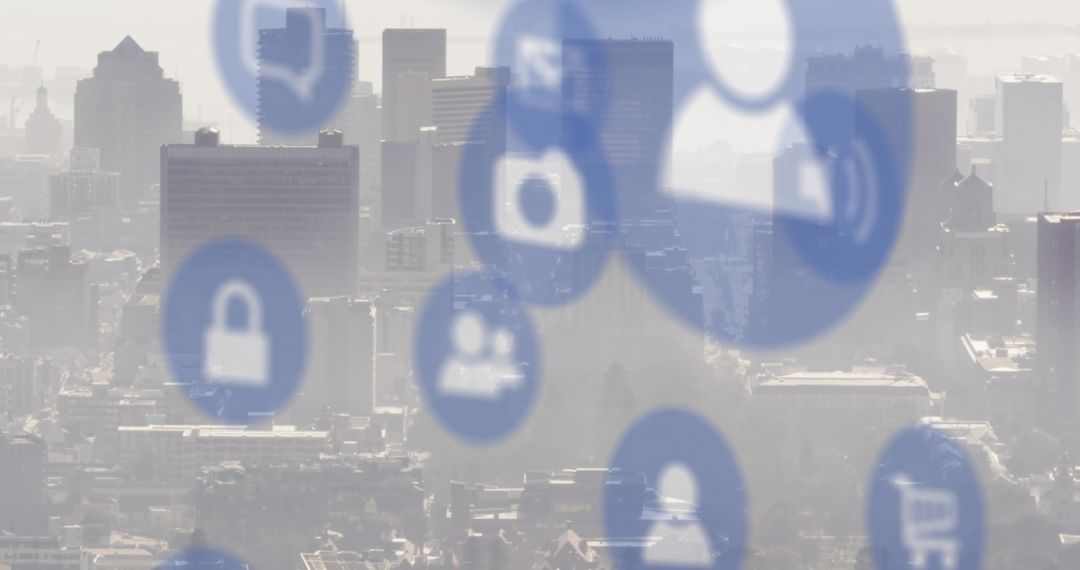 Digital Icons Overlaying Urban Skyline Representing Modern Technology