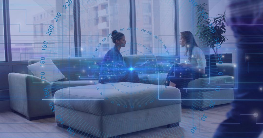 Tech-Integrated Collaboration Meeting in Modern Office Lounge