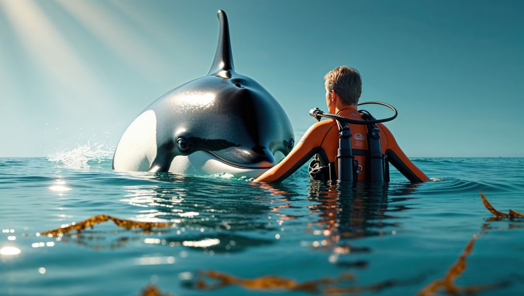 Scuba diver encountering orca killer whale in pristine coastal waters