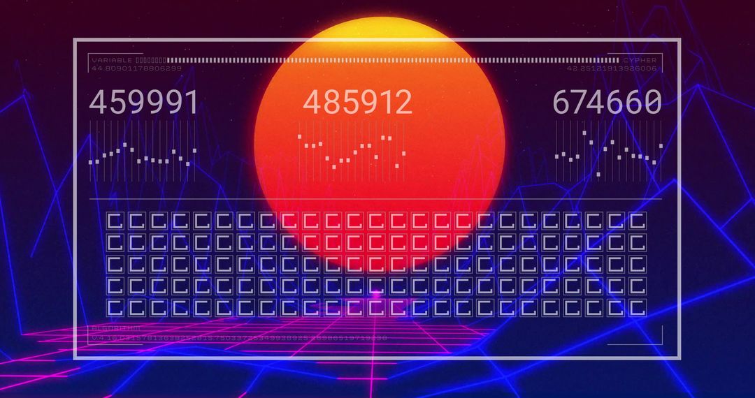 Futuristic Interface over Neon Landscape with Glowing Sun