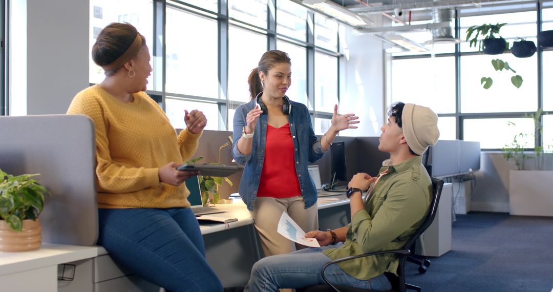 Team Collaborating in Modern Open-Plan Office with Casual Dress and Natural Light