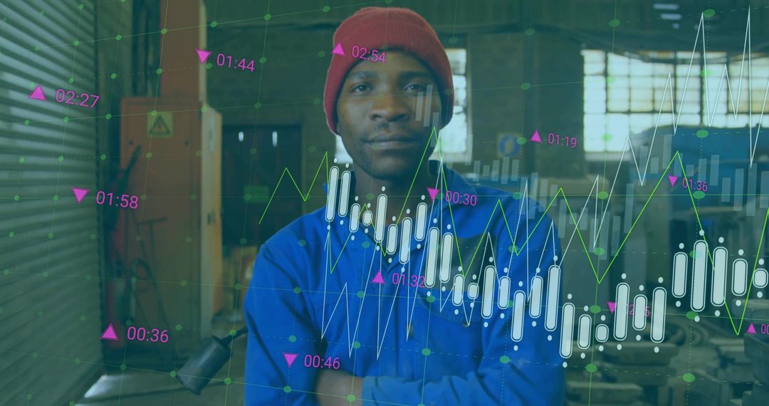 Technician in Workshop with Financial Data Visualization Overlay