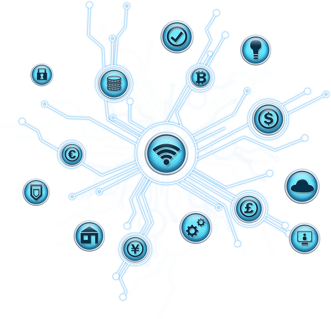 Interconnected Web of Technology Icons on Transparent Background