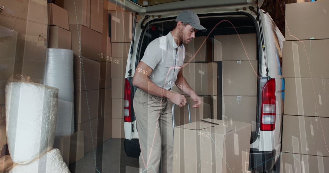 Delivery Worker Organizing Packages With Dynamic Data Overlay