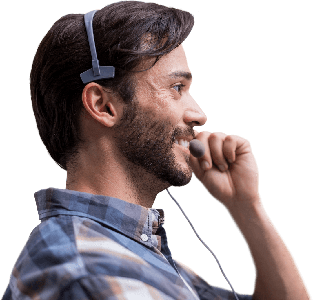 Smiling Young Man Using Transparent Microphone Headset