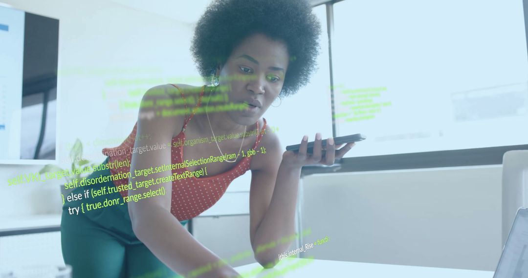 Businesswoman Analyzing Code with Digital Interface