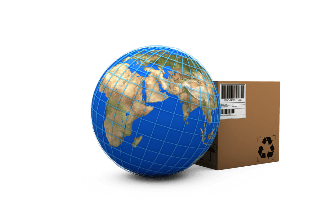 Global Shipping Concept with Globe and Box on Transparent Background